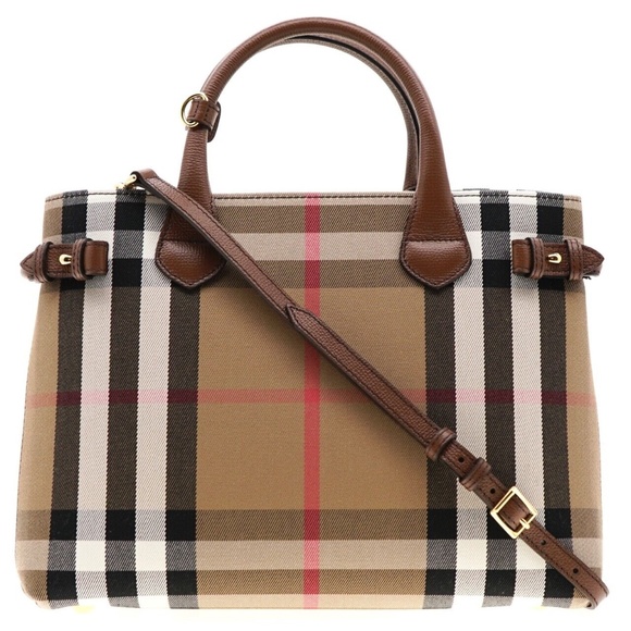 Burberry Banner Medium Tote Shoulder Bag Check Canvas Tan New - Picture 2 of 10